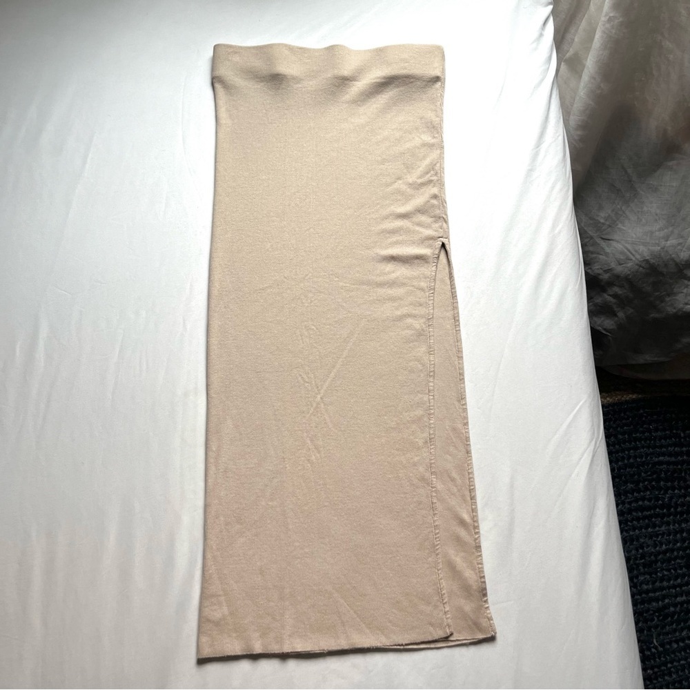 COTTON CITIZEN‎ tan rib knit elastic waist bodycon midi skirt